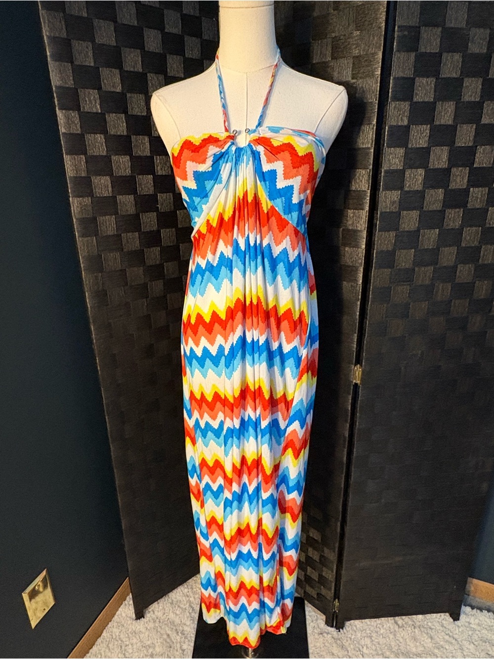 Prestige Edge Y2K Chevron multicolored halter maxi dress